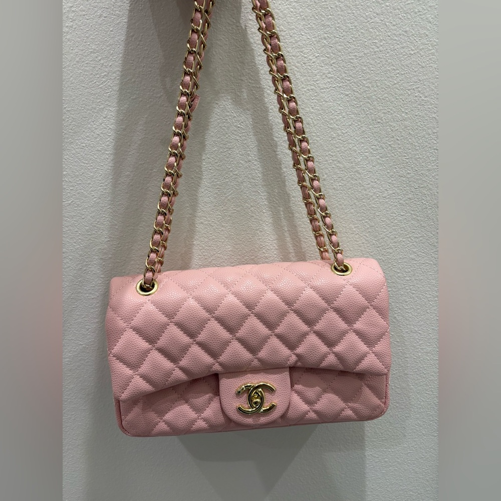 Pink Quilted Shoulder Bag With Gold Hardware